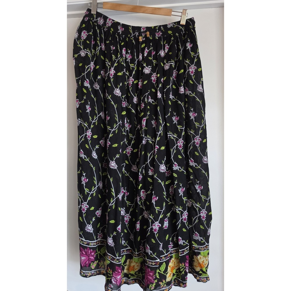 VTG Liz Baker Essentials Midi Skirt M Petite Floral Boho Casual Black Pink